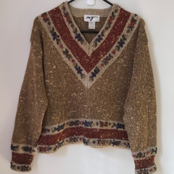 Vintage Sweaters - Tweedy V neck sweater with floral embroidery at neck cuffs and hem